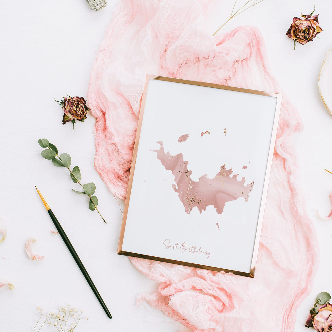 Saint Barthelemy Map Pink and Gold Wall Art Print