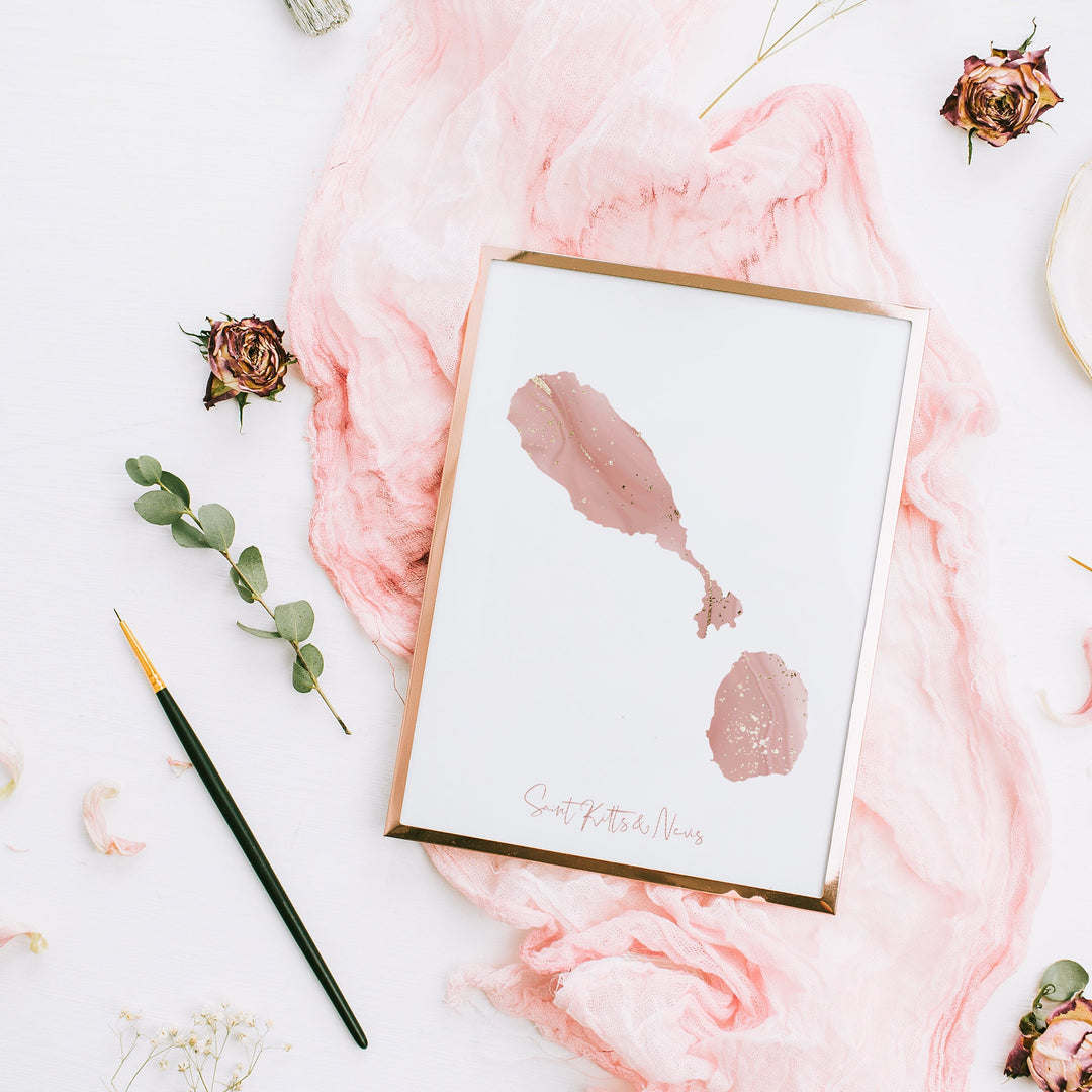 Saint Kitts & Nevis Map Pink and Gold Wall Art Print