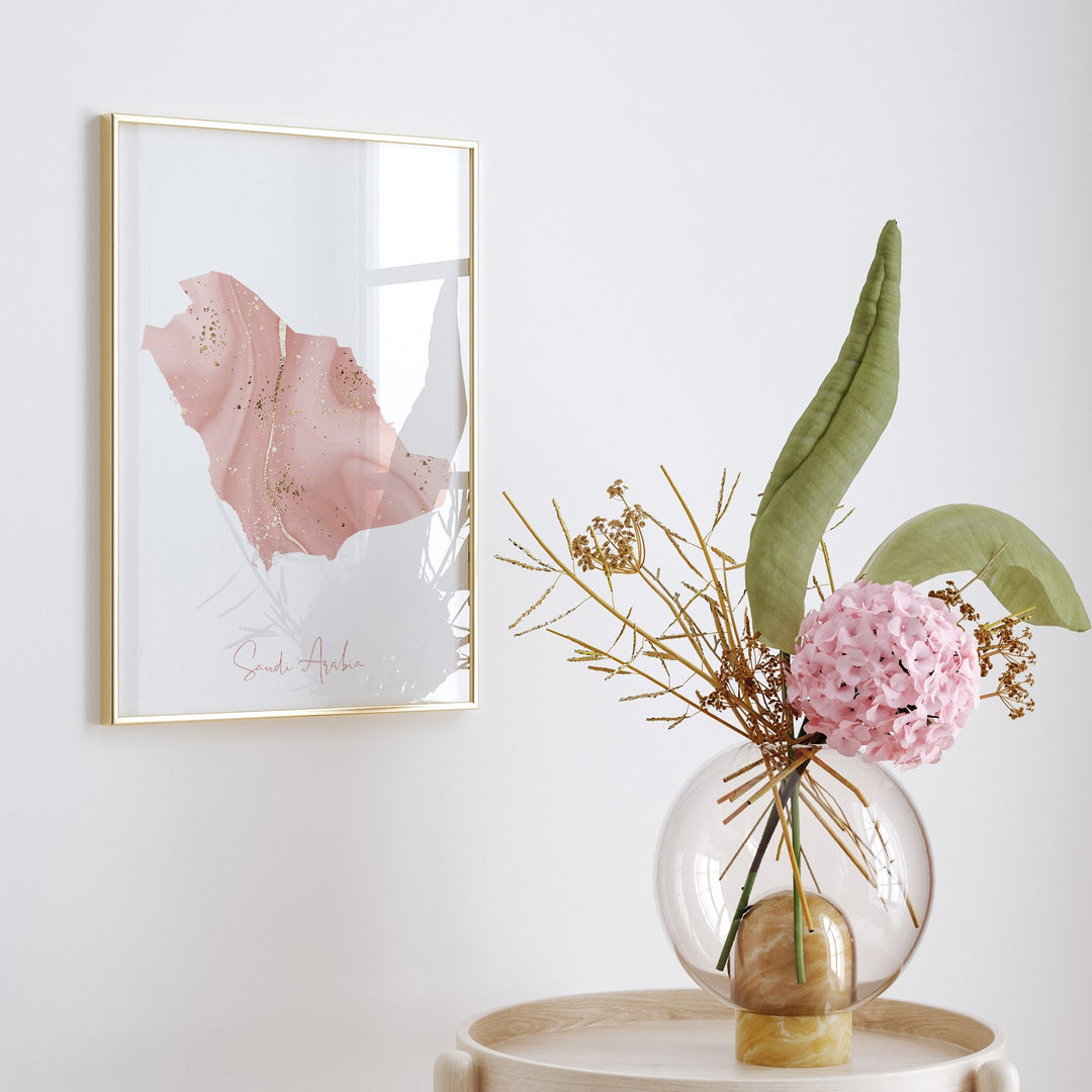Saudi Arabia Map Pink and Gold Wall Art Print