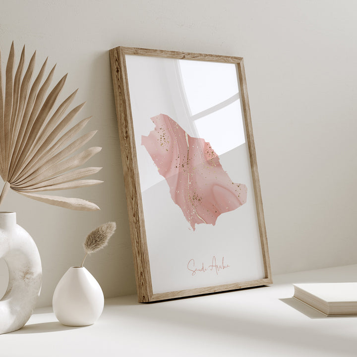 Saudi Arabia Map Pink and Gold Wall Art Print