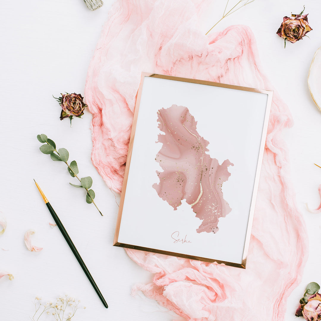 Serbia Map Pink and Gold Wall Art Print
