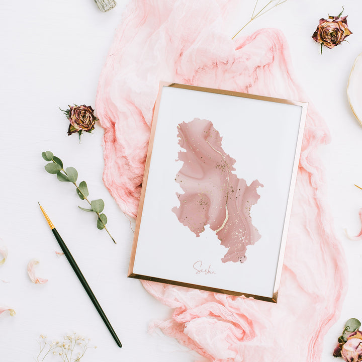 Serbia Map Pink and Gold Wall Art Print