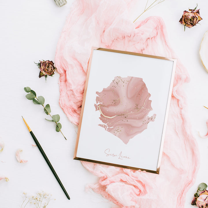 Sierra Leone Map Pink and Gold Wall Art Print