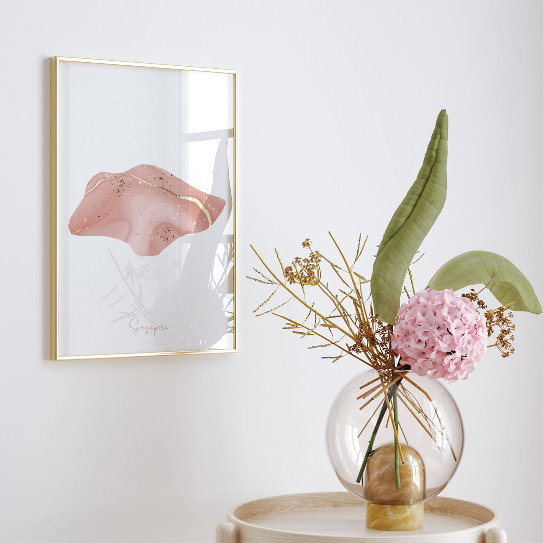 Singapore Map Pink and Gold Wall Art Print