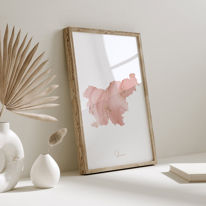 Slovenia Map Pink and Gold Wall Art Print