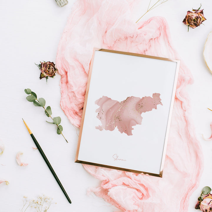 Slovenia Map Pink and Gold Wall Art Print