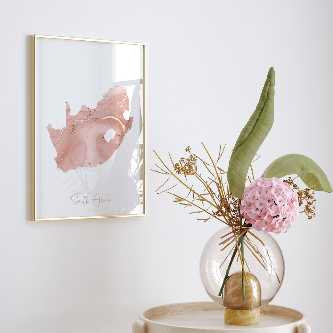 South Africa Map Pink and Gold Wall Art Print