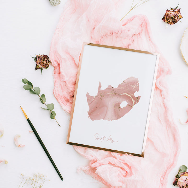 South Africa Map Pink and Gold Wall Art Print