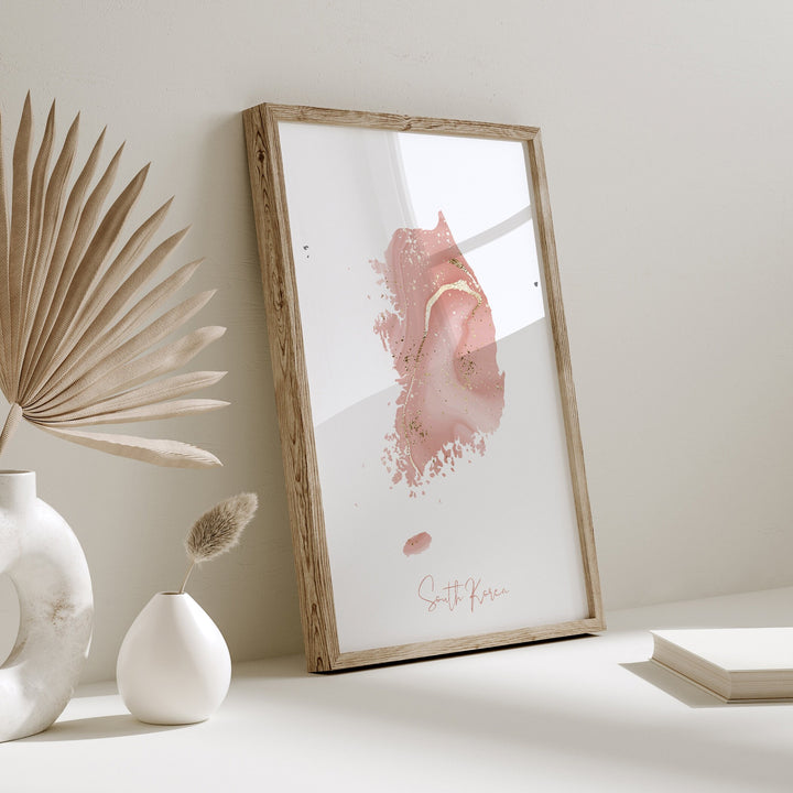 South Korea Map Pink and Gold Wall Art Print