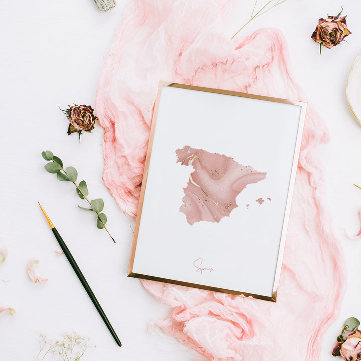 Spain Map Pink and Gold Wall Art Print