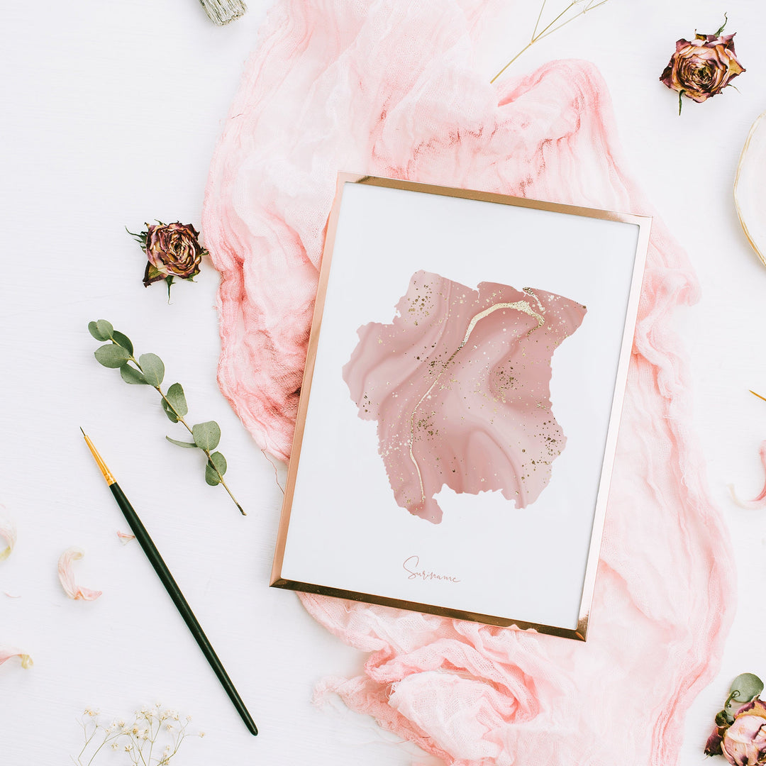 Suriname Map Pink and Gold Wall Art Print