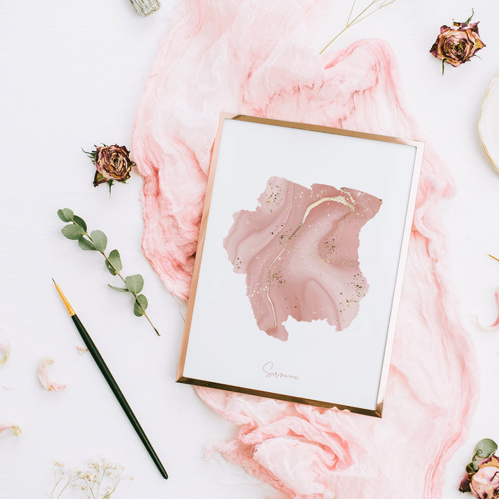 Suriname Map Pink and Gold Wall Art Print