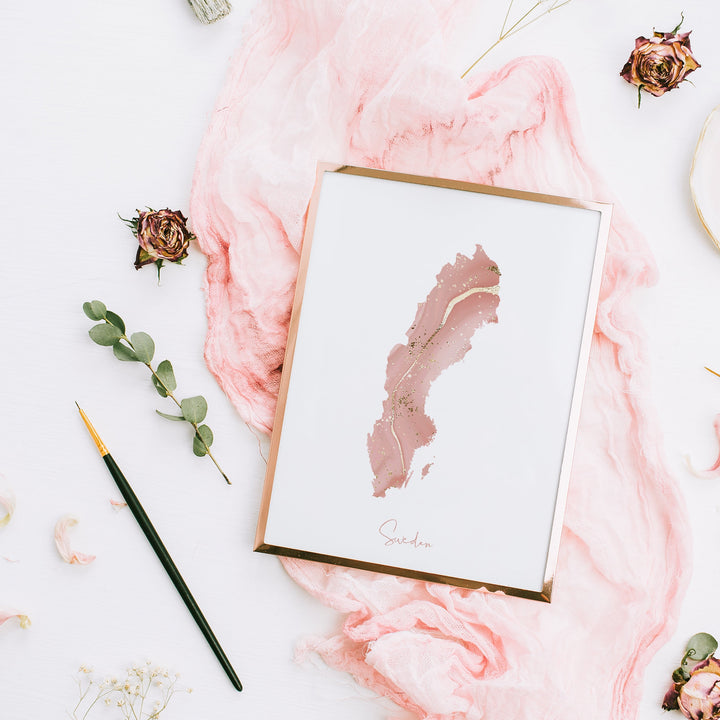 Sweden Map Pink and Gold Wall Art Print