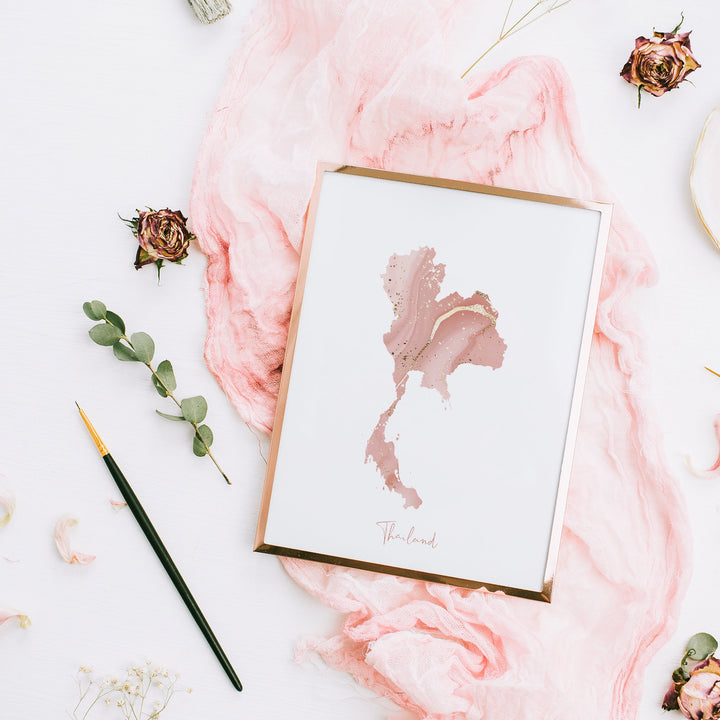 Thailand Map Pink and Gold Wall Art Print