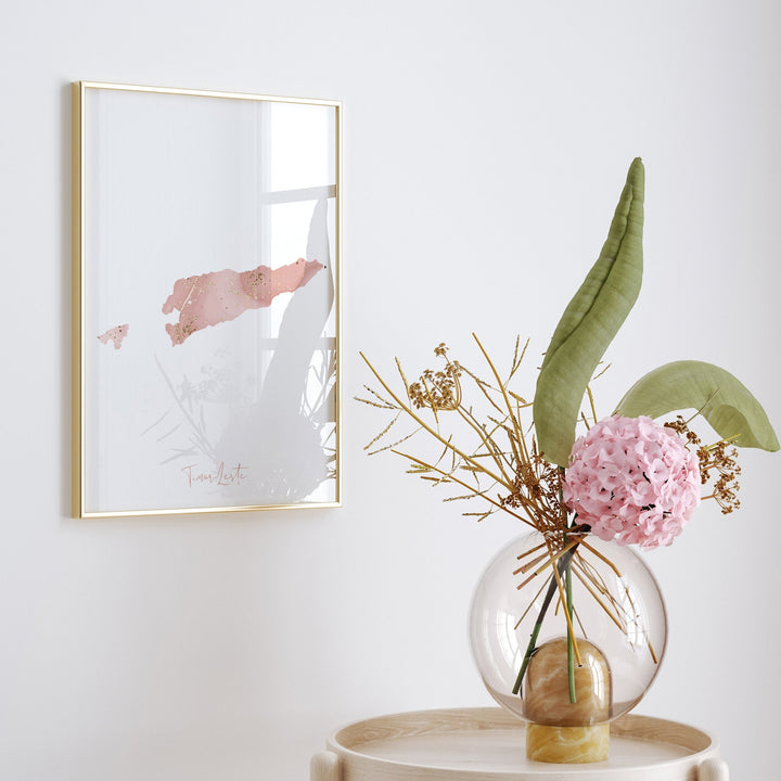 Timor-Leste Map Pink and Gold Wall Art Print
