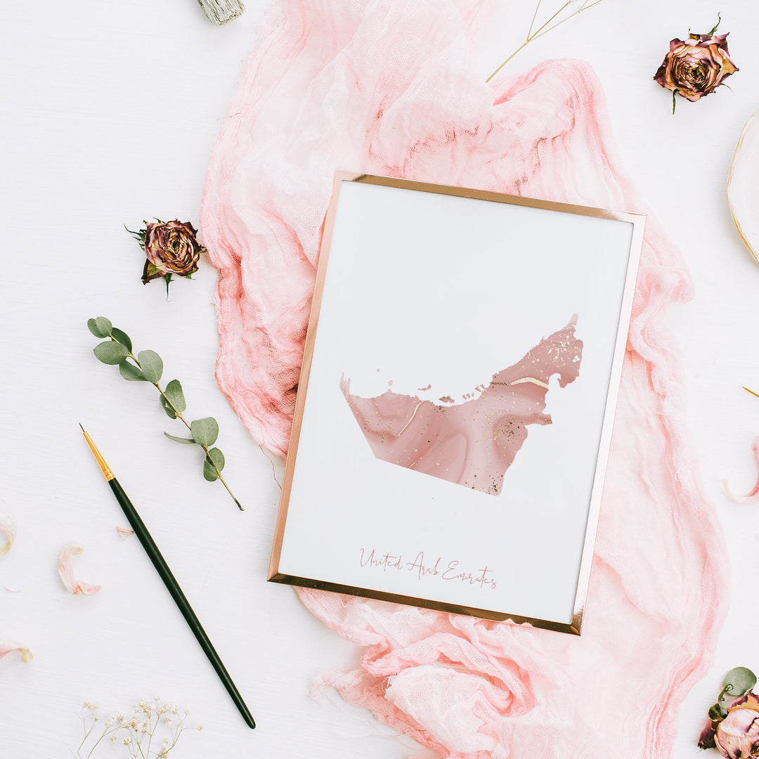 United Arab Emirates Map Pink and Gold Wall Art Print UAE