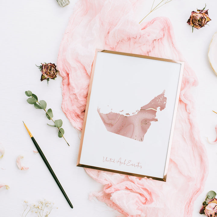 United Arab Emirates Map Pink and Gold Wall Art Print UAE