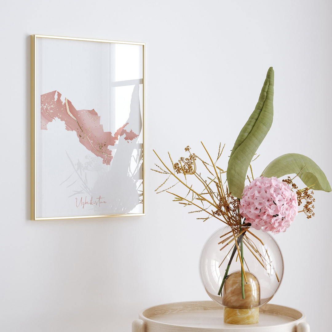 Uzbekistan Map Pink and Gold Wall Art Print