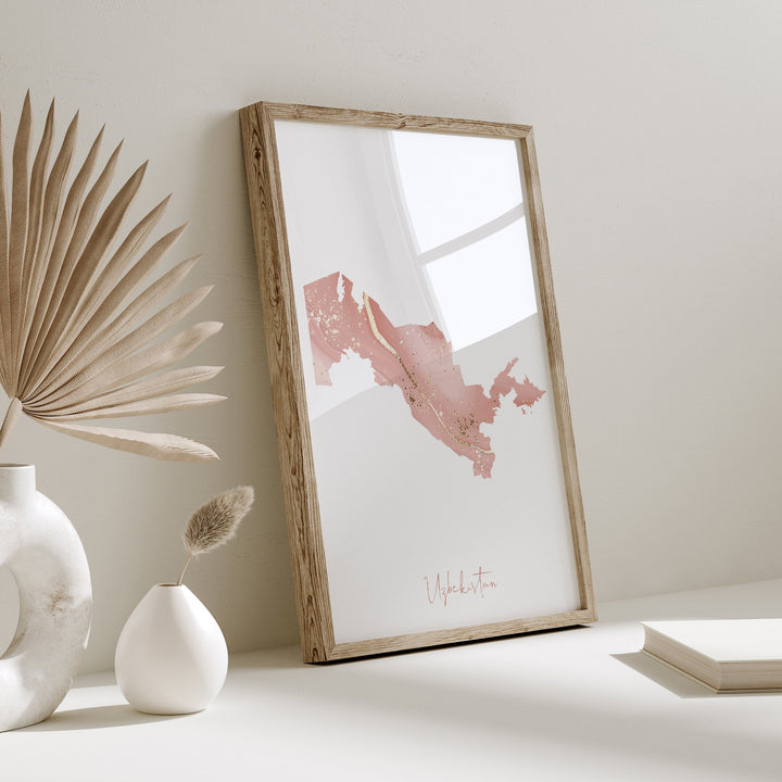Uzbekistan Map Pink and Gold Wall Art Print