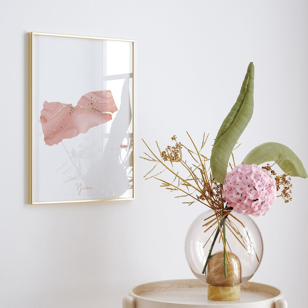 Yemen Map Pink and Gold Wall Art Print