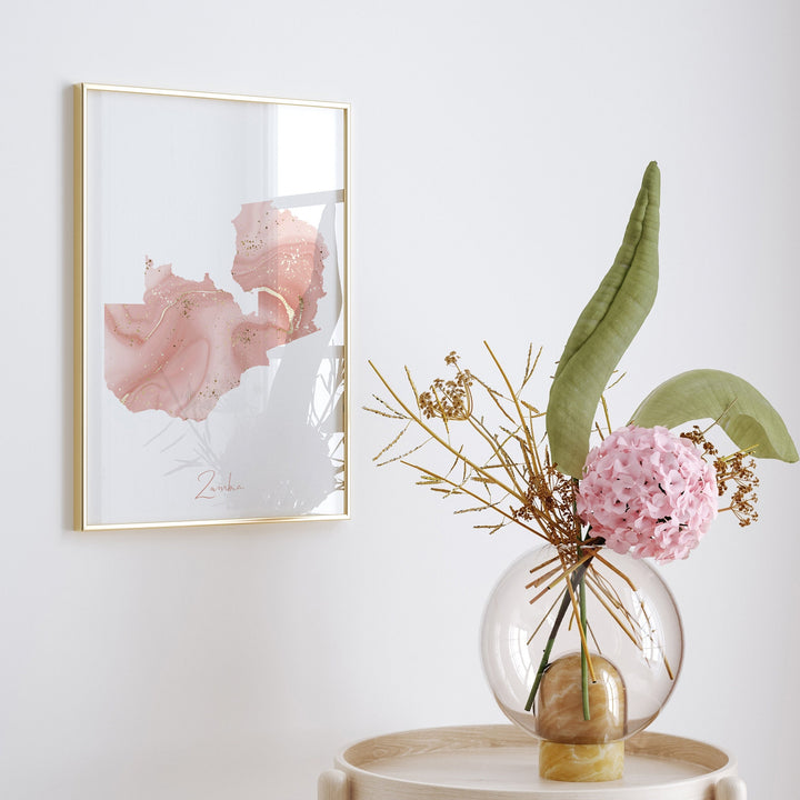 Zambia Map Pink and Gold Wall Art Print