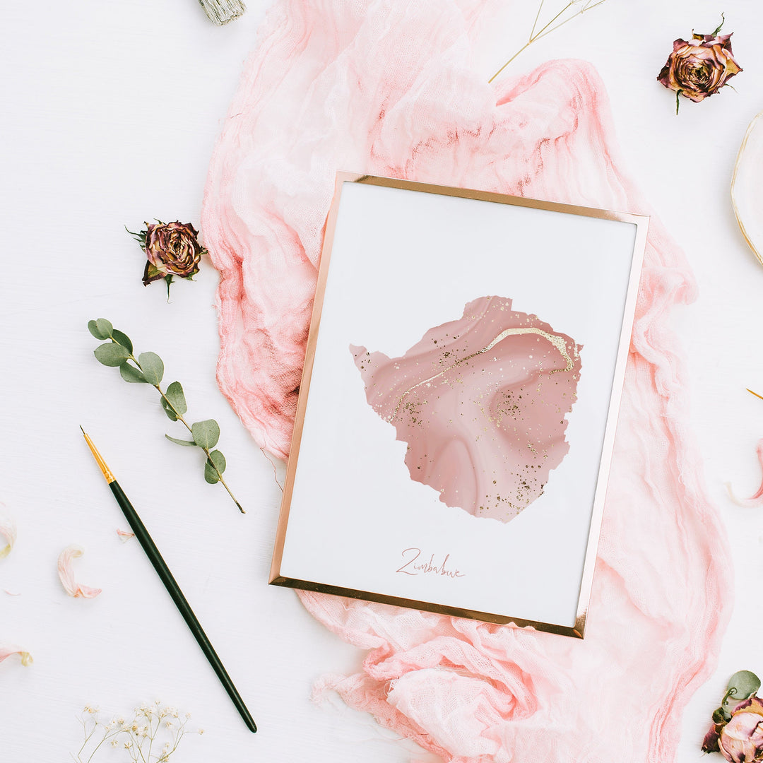 Zimbabwe Map Pink and Gold Wall Art Print