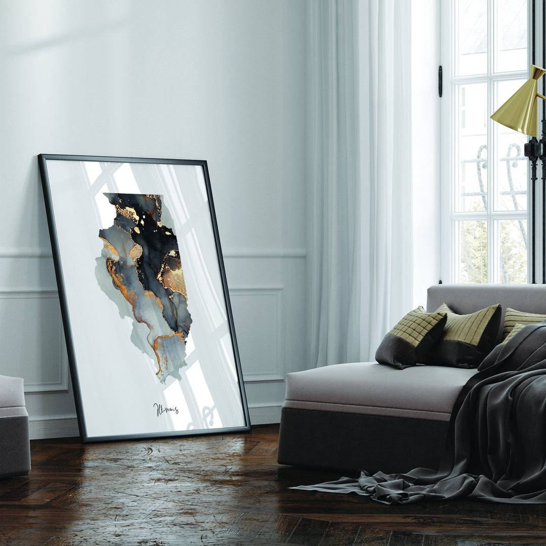 Illinois Map Black & Gold Wall Art Print US State | USA | United States of America