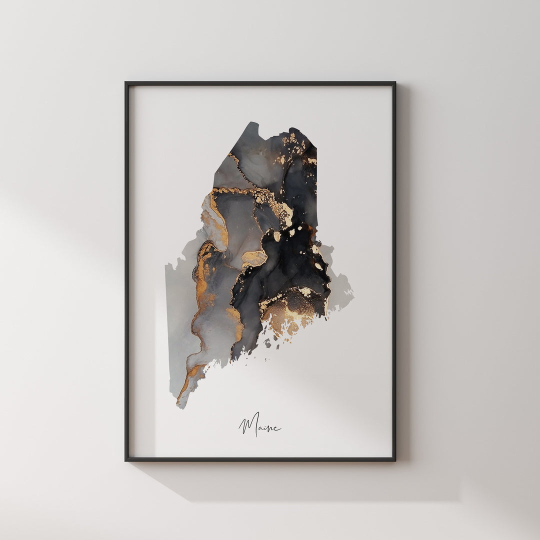 Maine Map Black & Gold Wall Art Print US State | USA | United States of America
