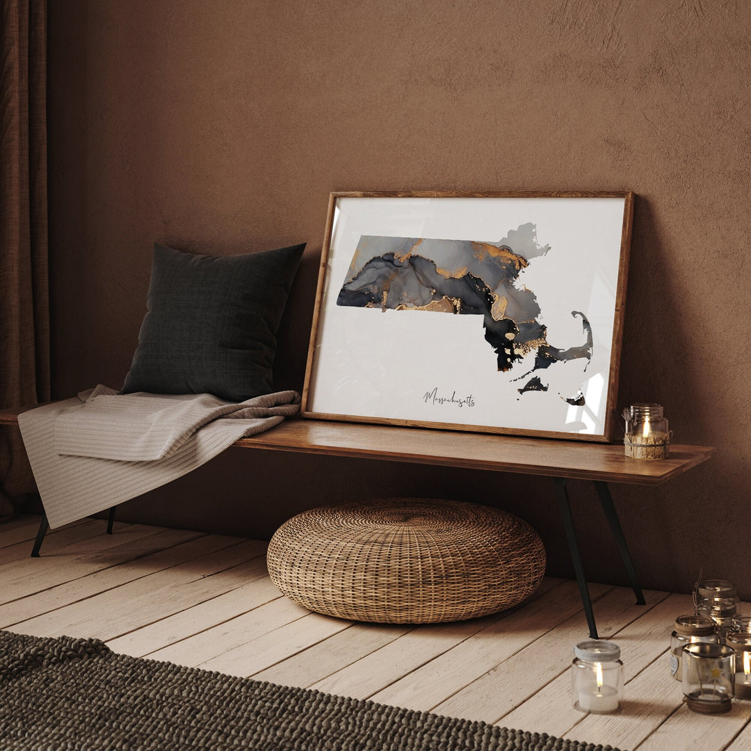 Massachusetts Map Black & Gold Wall Art Print US State | USA | United States of America
