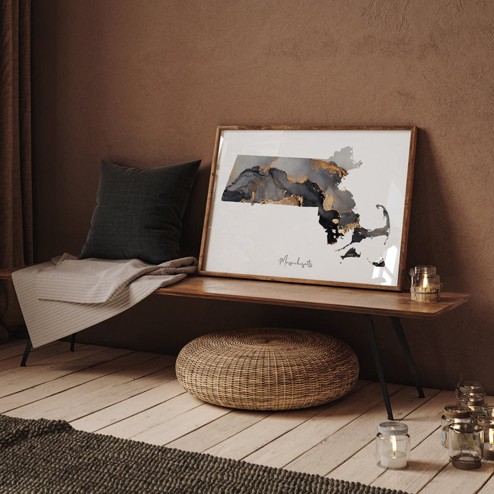Massachusetts Map Black & Gold Wall Art Print US State | USA | United States of America