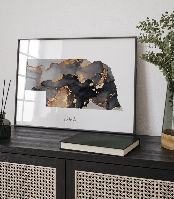 Nebraska Map Black & Gold Wall Art Print US State | USA | United States of America
