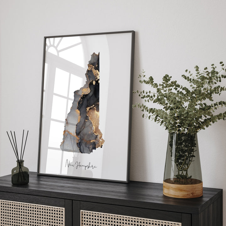 New Hampshire Map Black & Gold Wall Art Print US State | USA | United States of America