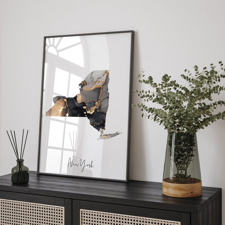 New York Map Black & Gold Wall Art Print US State | USA | United States of America