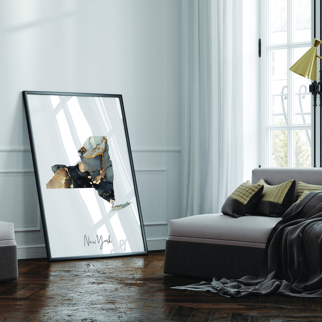 New York Map Black & Gold Wall Art Print US State | USA | United States of America