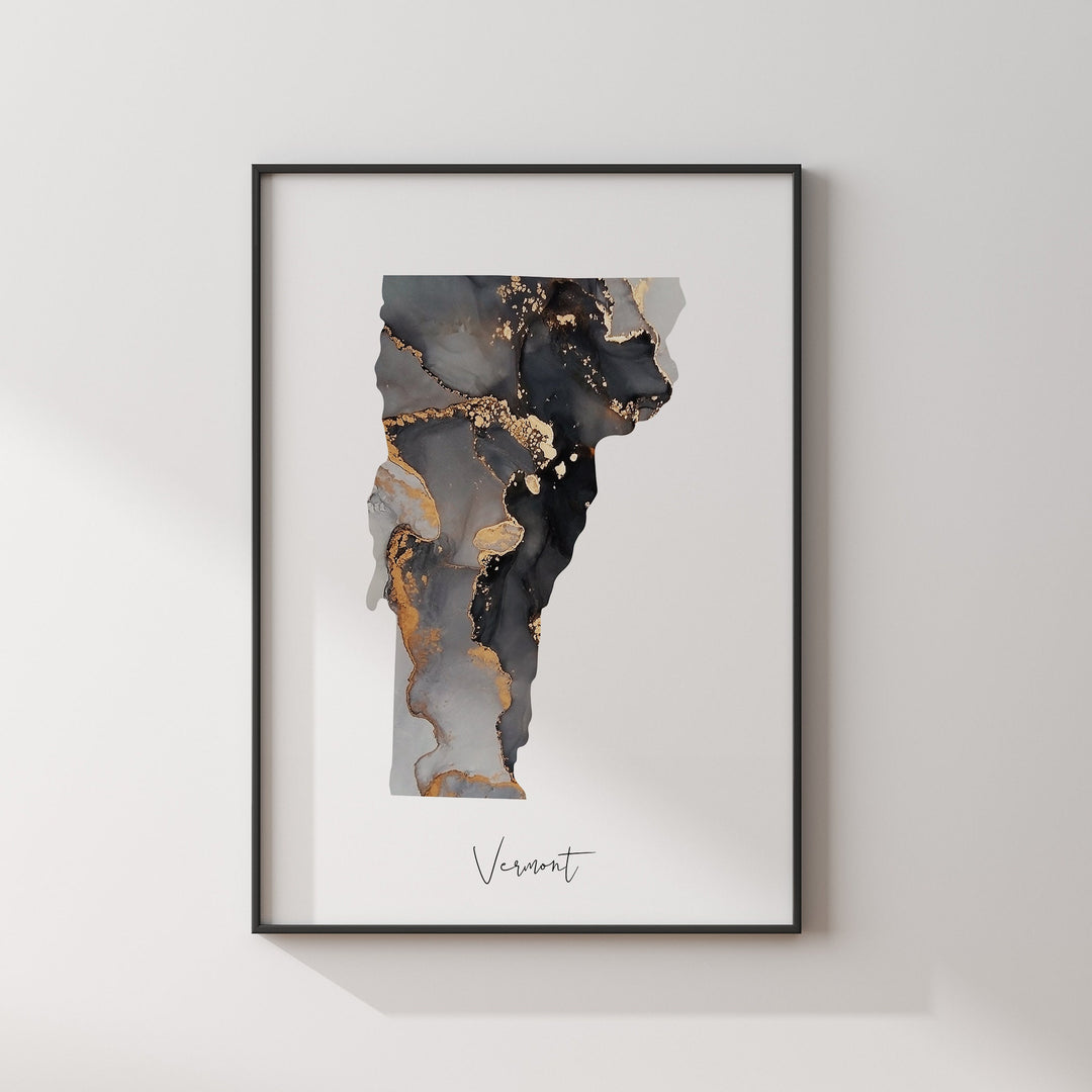 Vermont Map Black & Gold Wall Art Print US State | USA | United States of America
