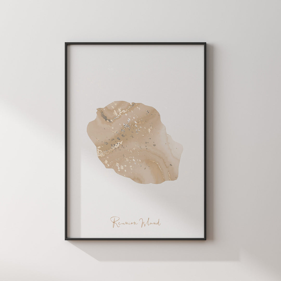 Reunion Island Map Beige & Gold Wall Art Print