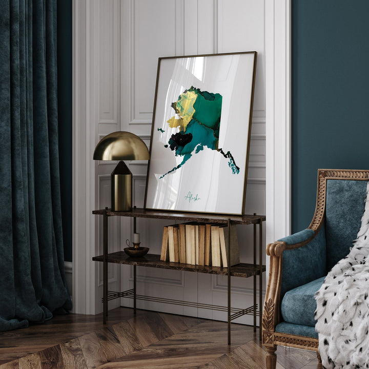 Alaska Map Emerald Green and Gold Wall Art Print | US State | USA | United States of America