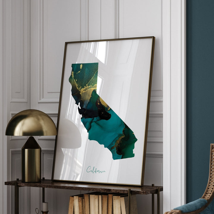 California Map Emerald Green and Gold Wall Art Print | US State | USA | United States of America
