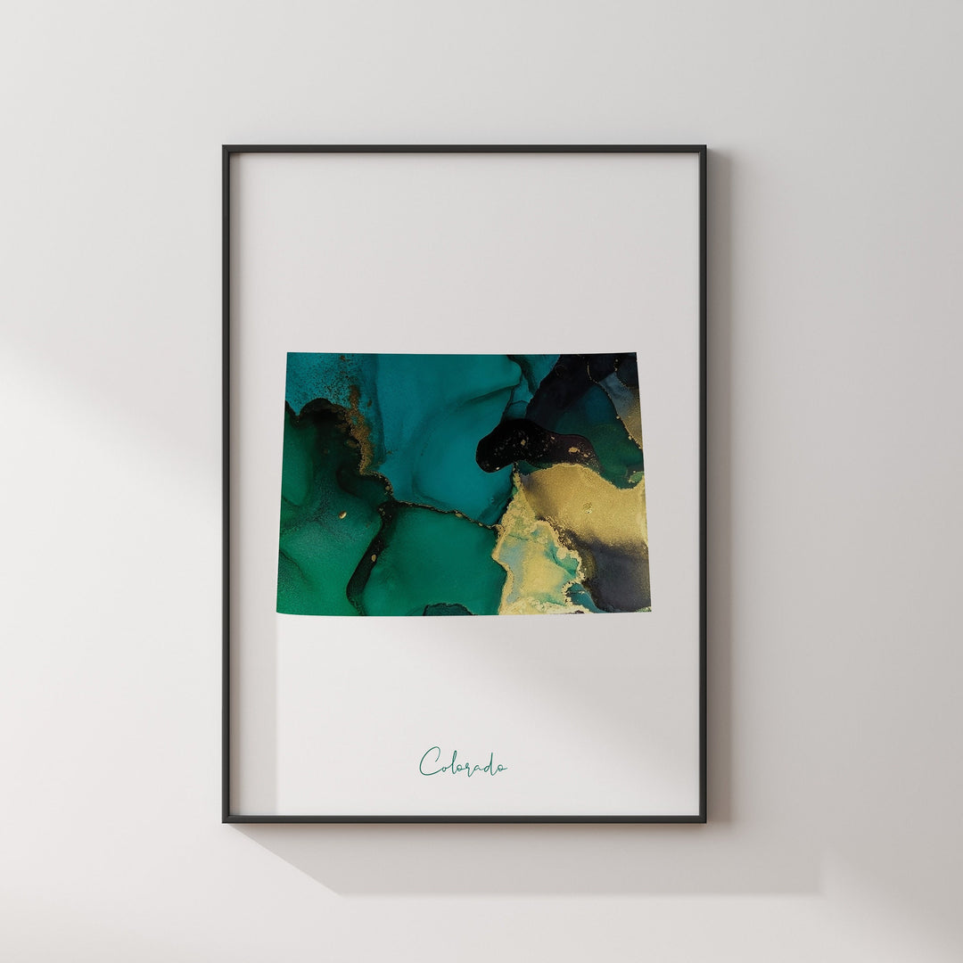Colorado Map Emerald Green and Gold Wall Art Print | US State | USA | United States of America