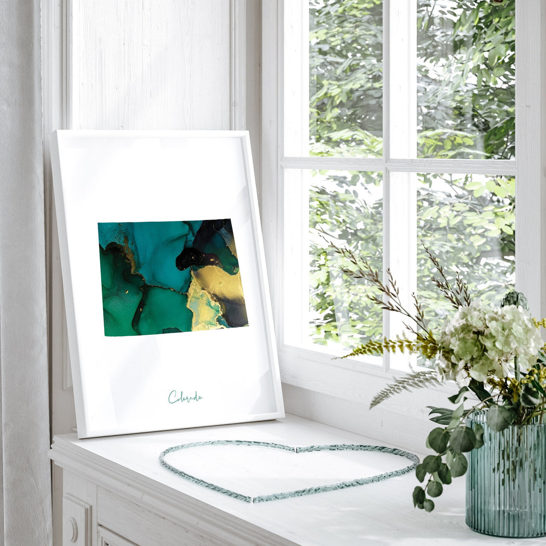 Colorado Map Emerald Green and Gold Wall Art Print | US State | USA | United States of America