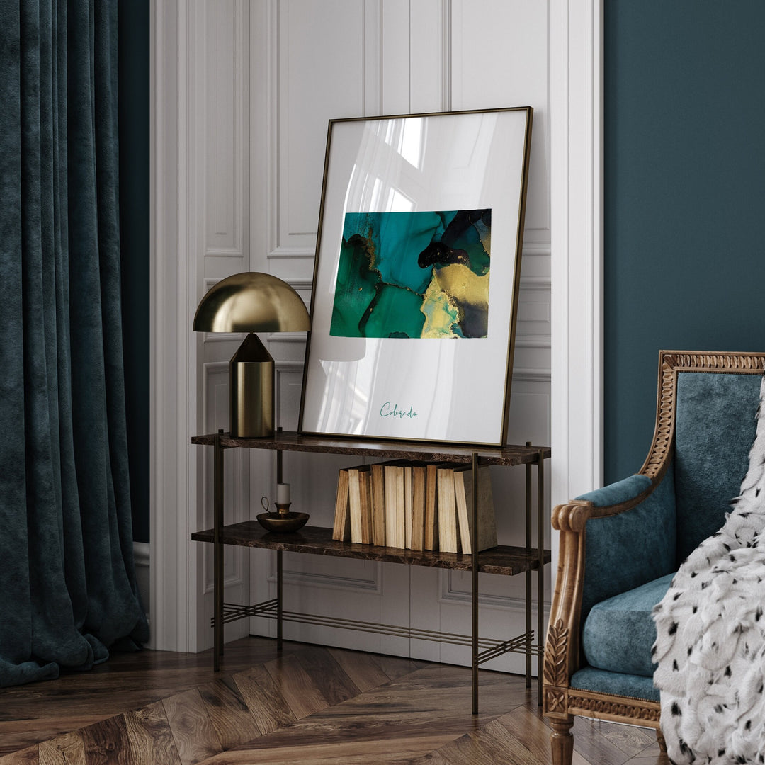 Colorado Map Emerald Green and Gold Wall Art Print | US State | USA | United States of America