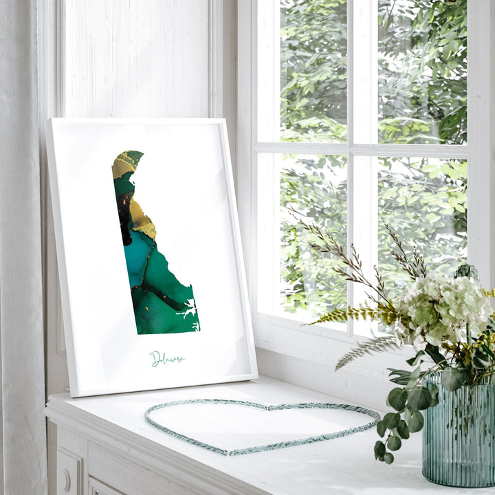 Delaware Map Emerald Green and Gold Wall Art Print | US State | USA | United States of America