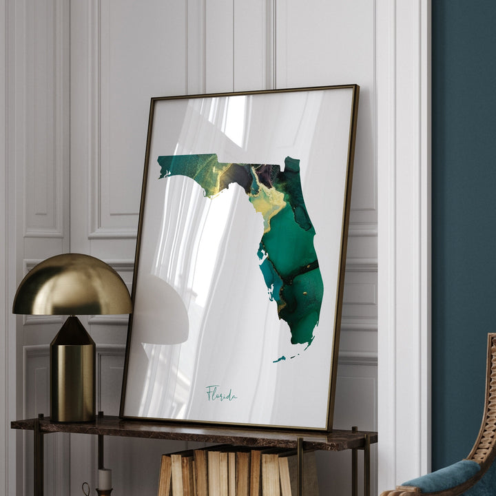 Florida Map Emerald Green and Gold Wall Art Print | US State | USA | United States of America