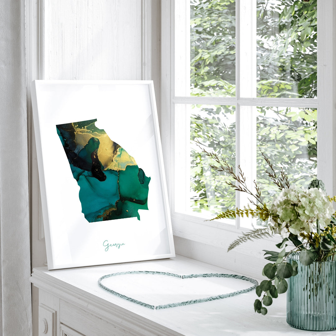 Georgia Map Emerald Green and Gold Wall Art Print | US State | USA | United States of America