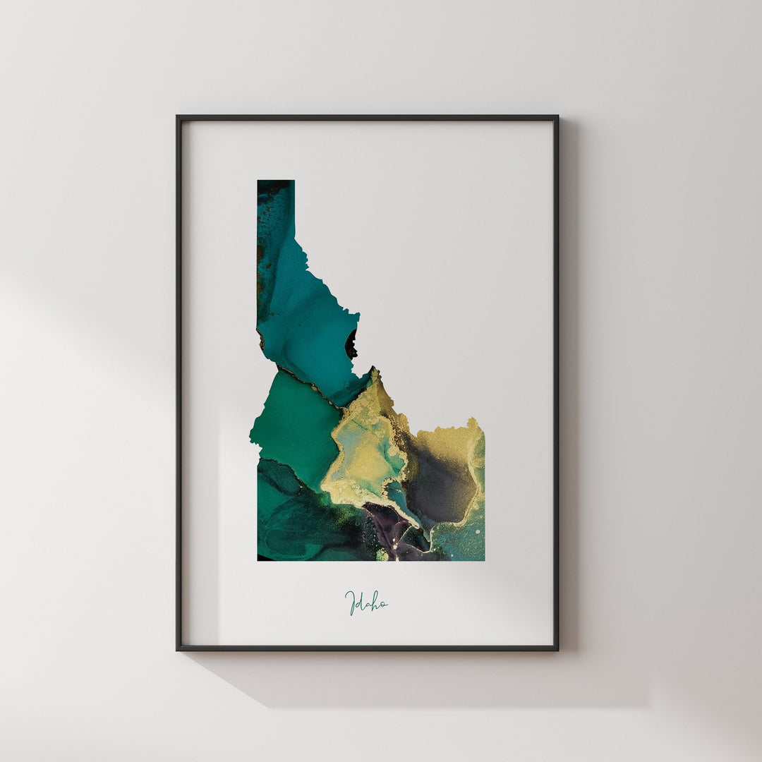 Idaho Map Emerald Green and Gold Wall Art Print | US State | USA | United States of America