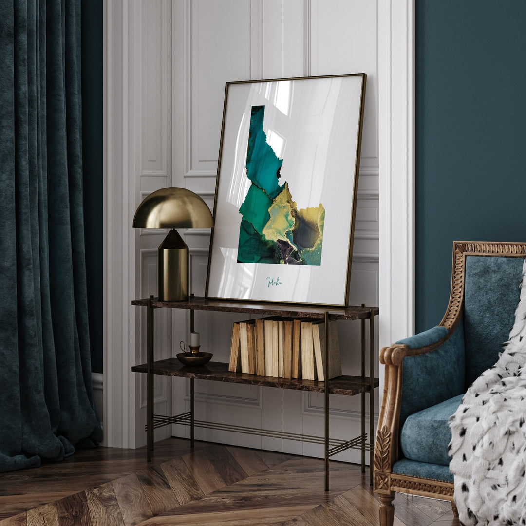 Idaho Map Emerald Green and Gold Wall Art Print | US State | USA | United States of America