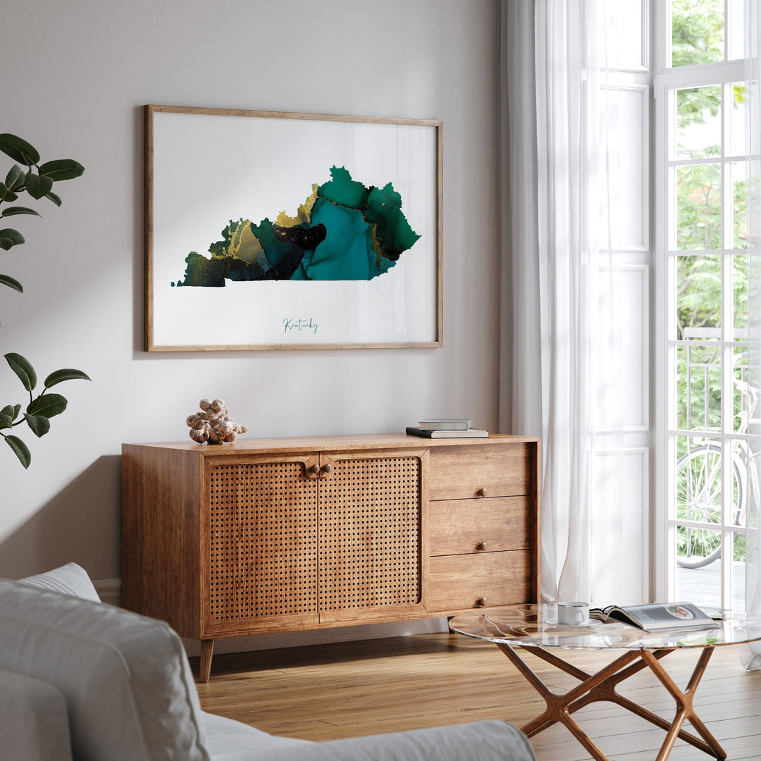 Kentucky Map Emerald Green and Gold Wall Art Print | US State | USA | United States of America