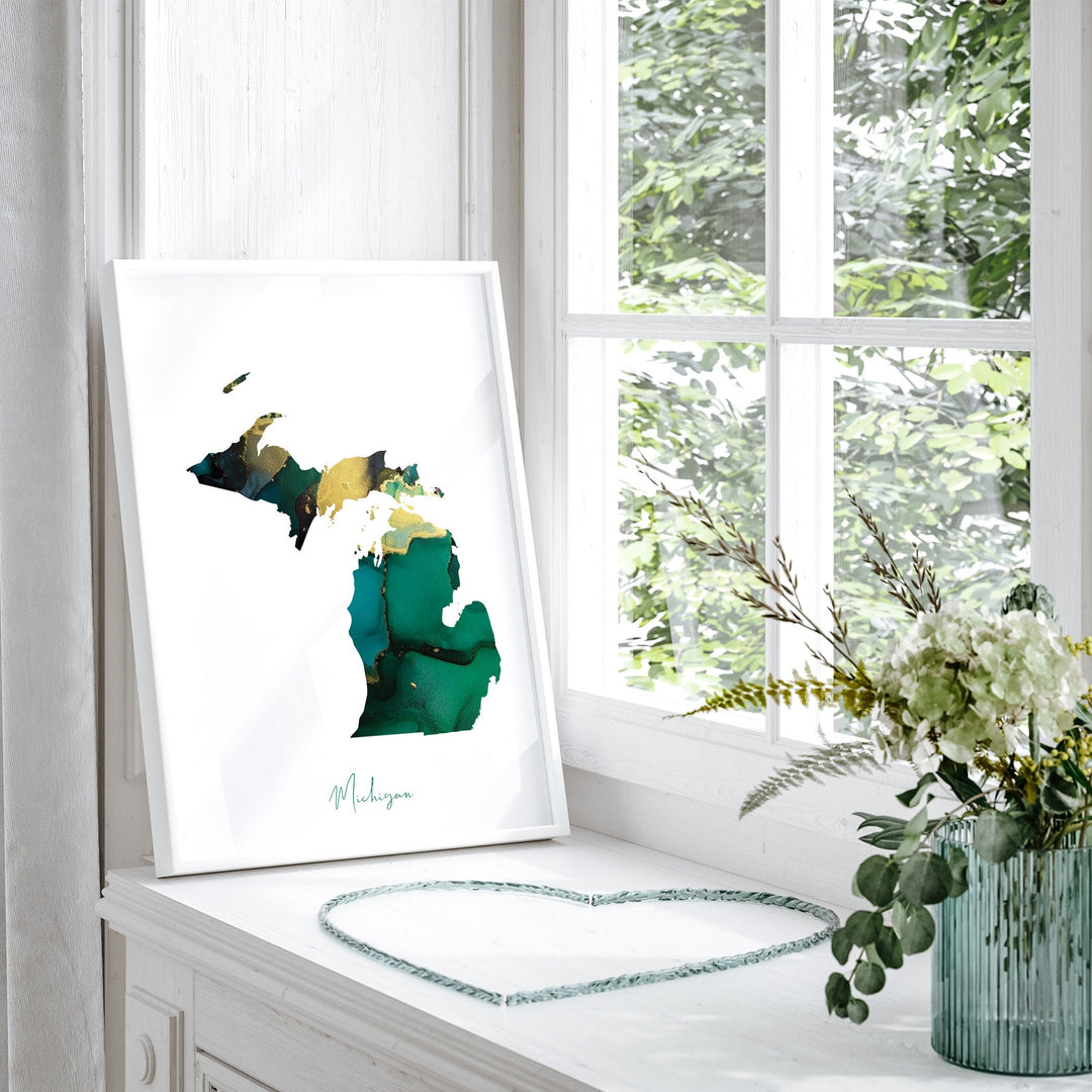 Michigan Map Emerald Green and Gold Wall Art Print | US State | USA | United States of America