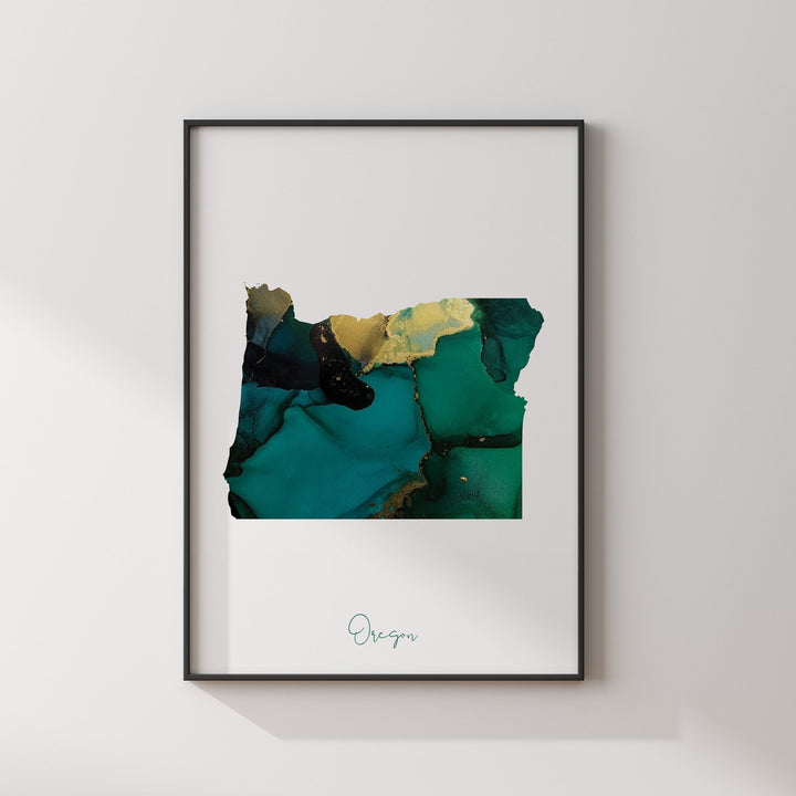 Oregon Map Emerald Green and Gold Wall Art Print | US State | USA | United States of America