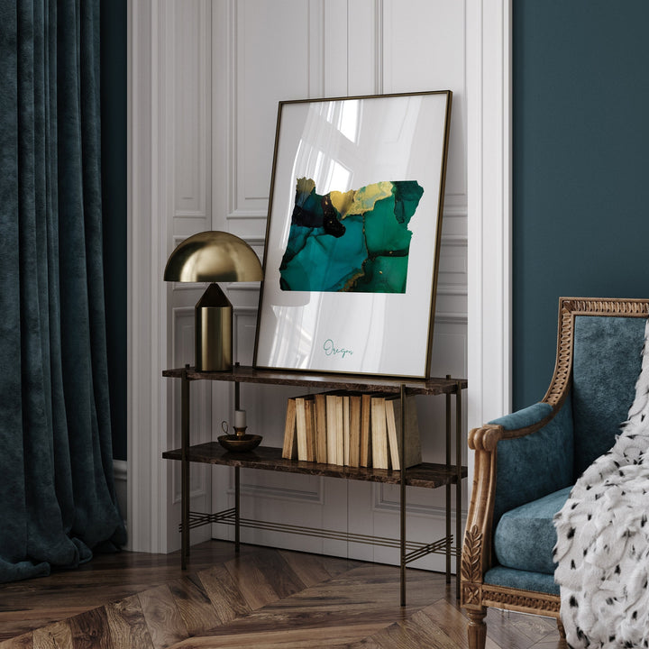 Oregon Map Emerald Green and Gold Wall Art Print | US State | USA | United States of America